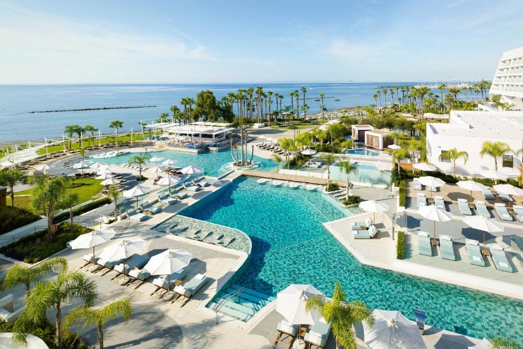 Aerial view of the Parklane Limassol pools, beachfront and Mediterranean sea