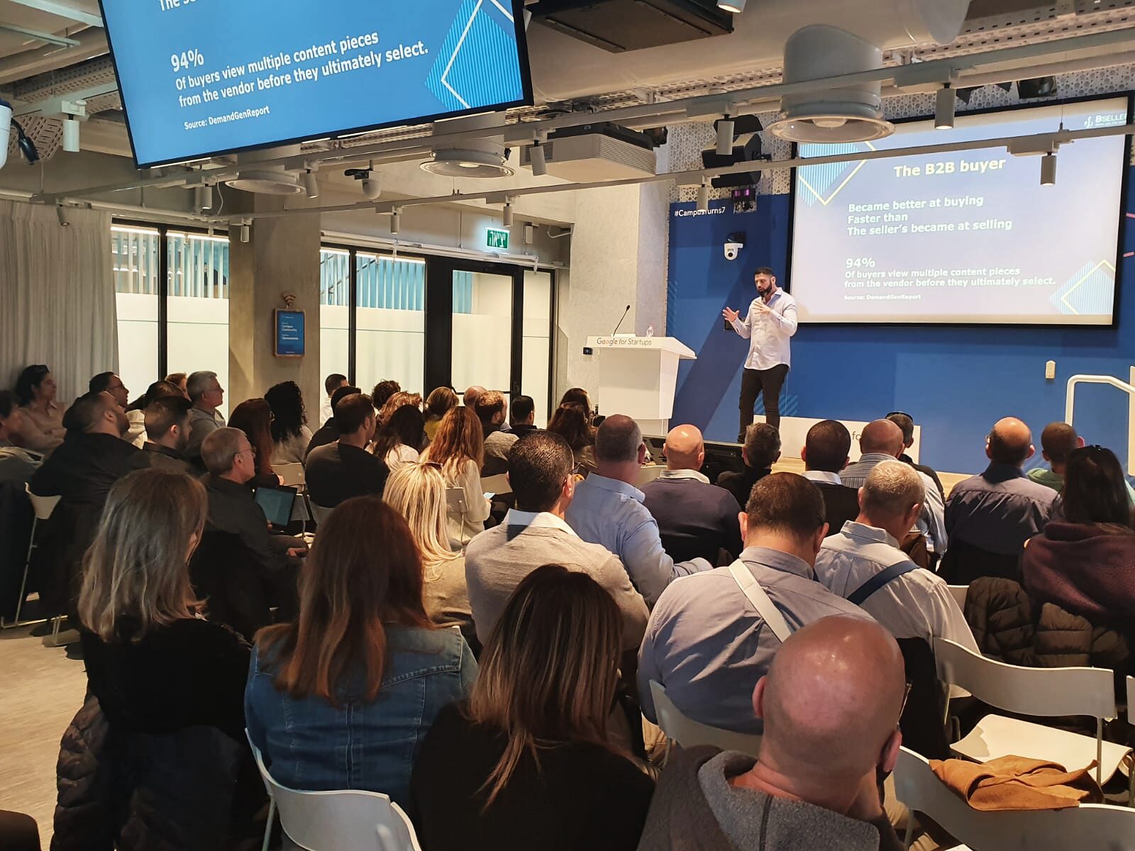 A packed room at Google for Startups watching Liron Kaplan present on the B2B buyer