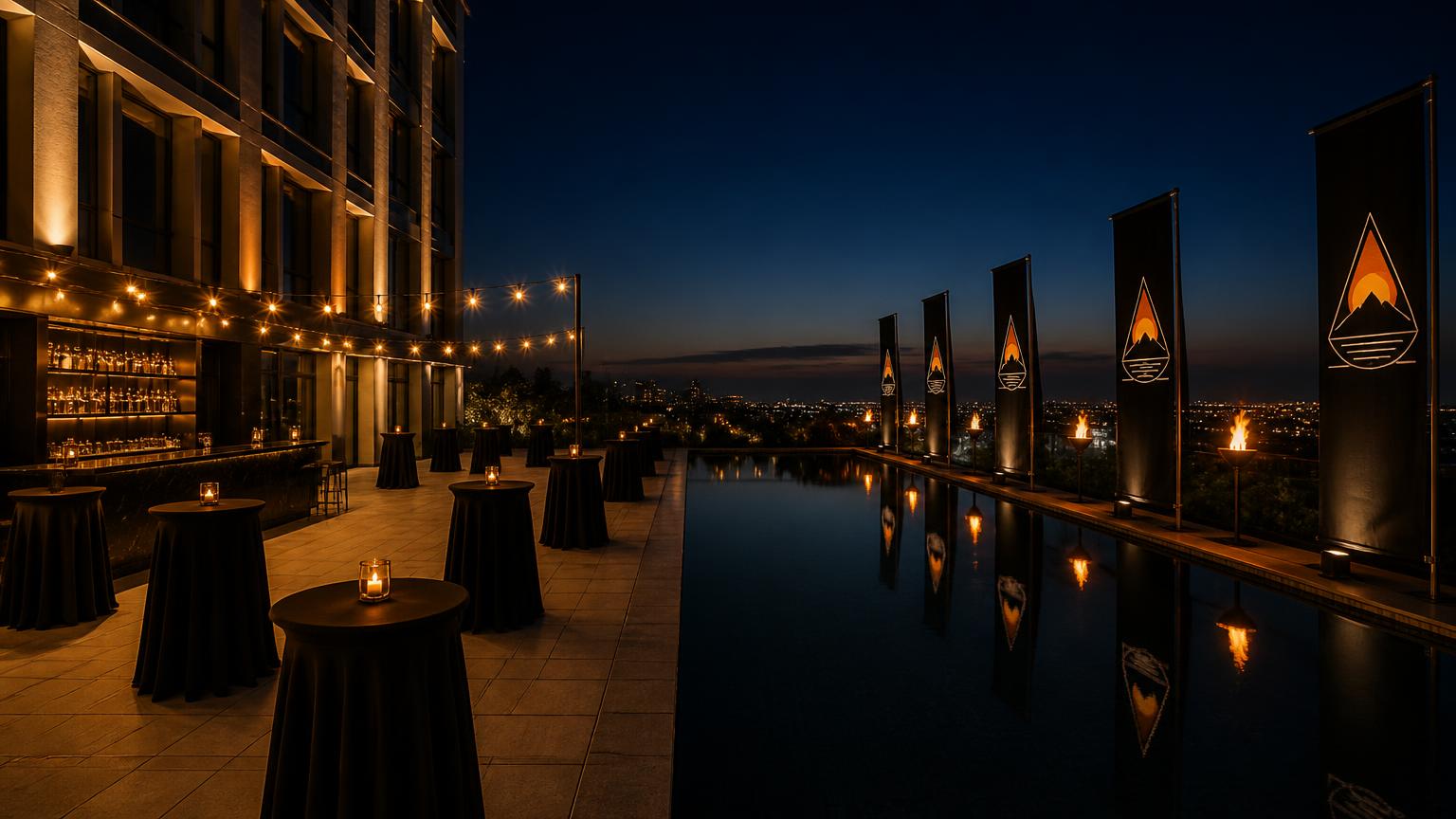 An evening cocktail reception set up beside the pool at The Landmark Nicosia, with Apex Island banner flags and lit torches along the water.