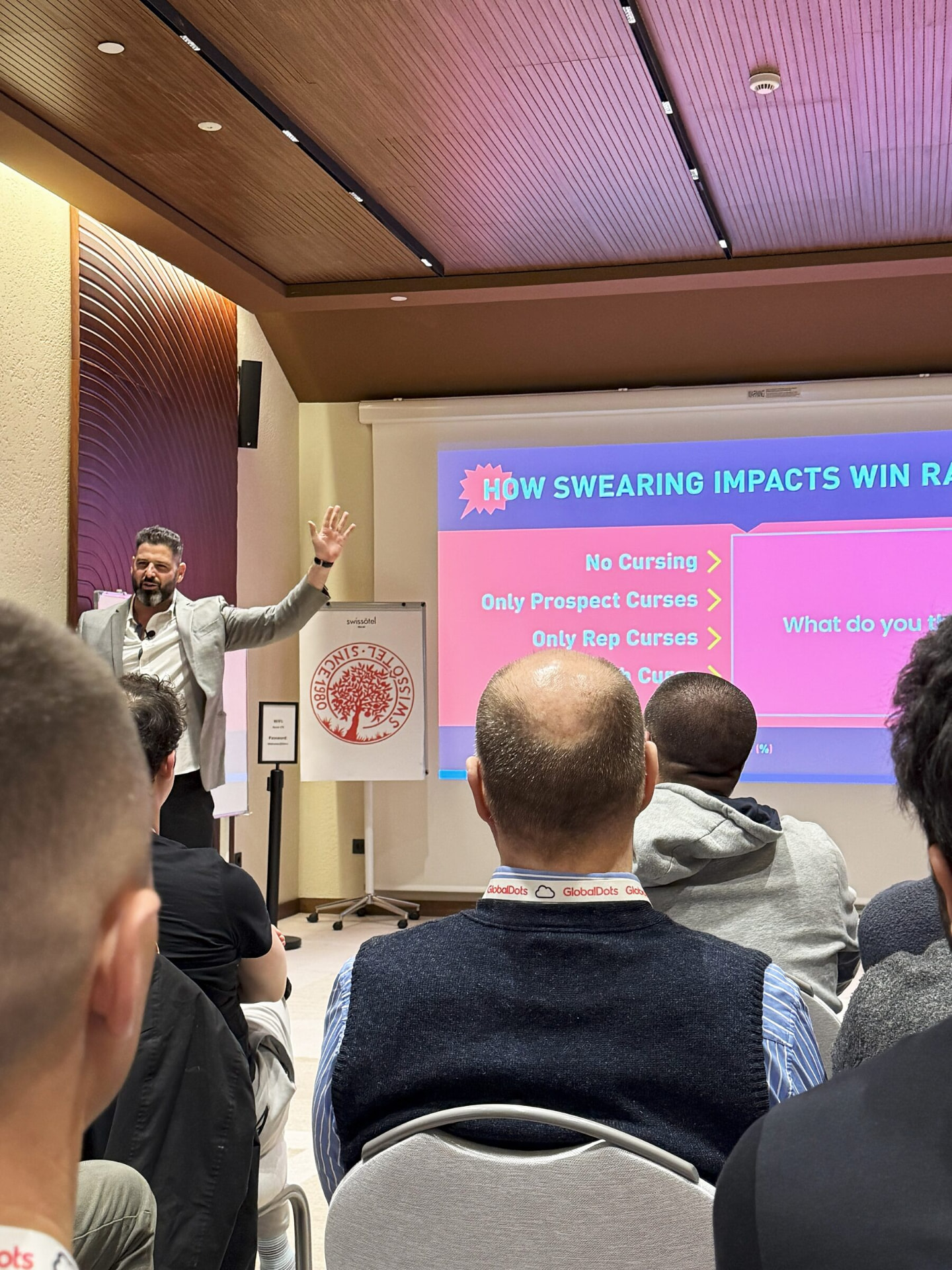 Liron Kaplan presenting a session on win rates at a GlobalDots sales kickoff
